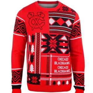 Chicago Blackhawks Ugly Christmas Sweater Red Black Size L Hockey Fans NHL